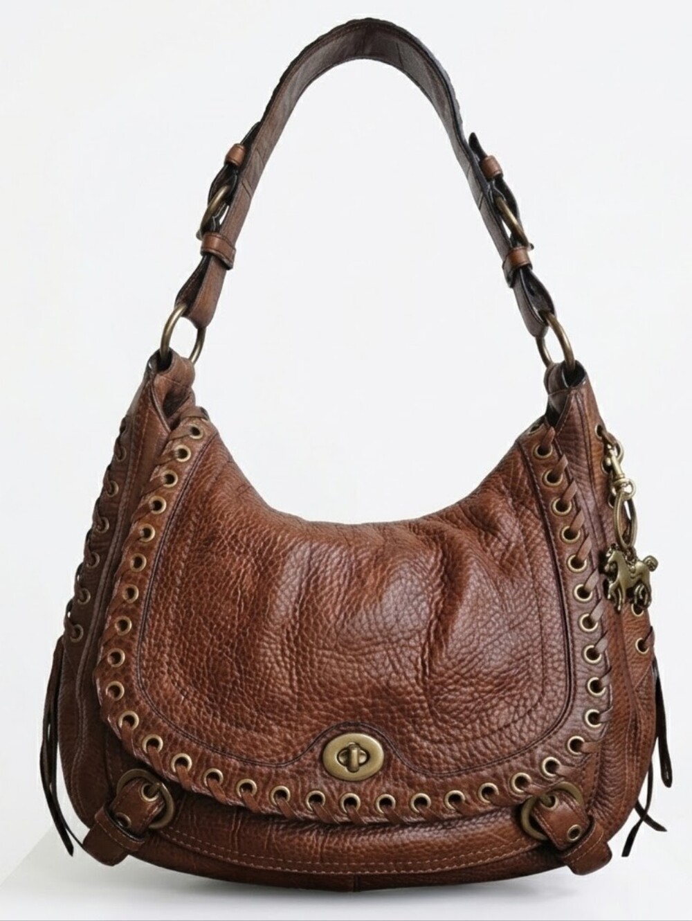 COACH Archival Abbey Grommet Lace Pebbled Leather Hobo 10971 Tobacco Brown EUC - Picture 4 of 12